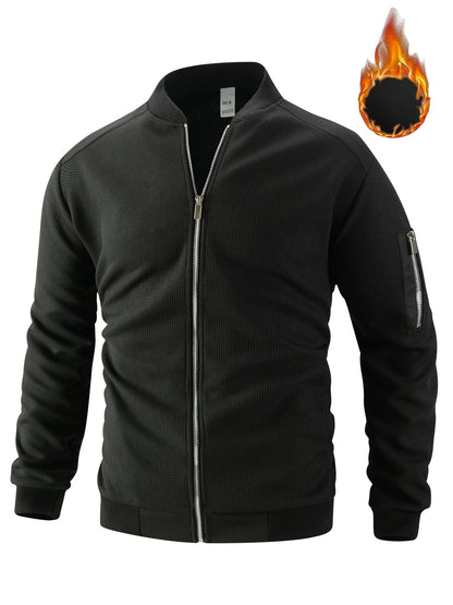 Men's Waffle Solid Color Cardigan Pocket Zipper Thickening Stand Collar Coat