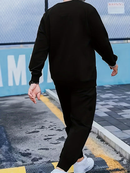 2Pcs Letter Print Outfit - Relaxed-Fit Casual Crew Neck Long Sleeve Pullover Sweatshirt and Sweatpants Set for Spring and Fall - High-Quality Mens Clothing for Everyday Wear