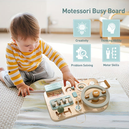 Wooden Steering Wheel Busy Board Toy - Educational Vehicle Sign Recognition, Problem Solving & Motor Skills Development for Youngsters, Light Green/Blue/Yellow, Smooth Burr-Free Plywood, Youngsters Learning Toy | Engaging Toy