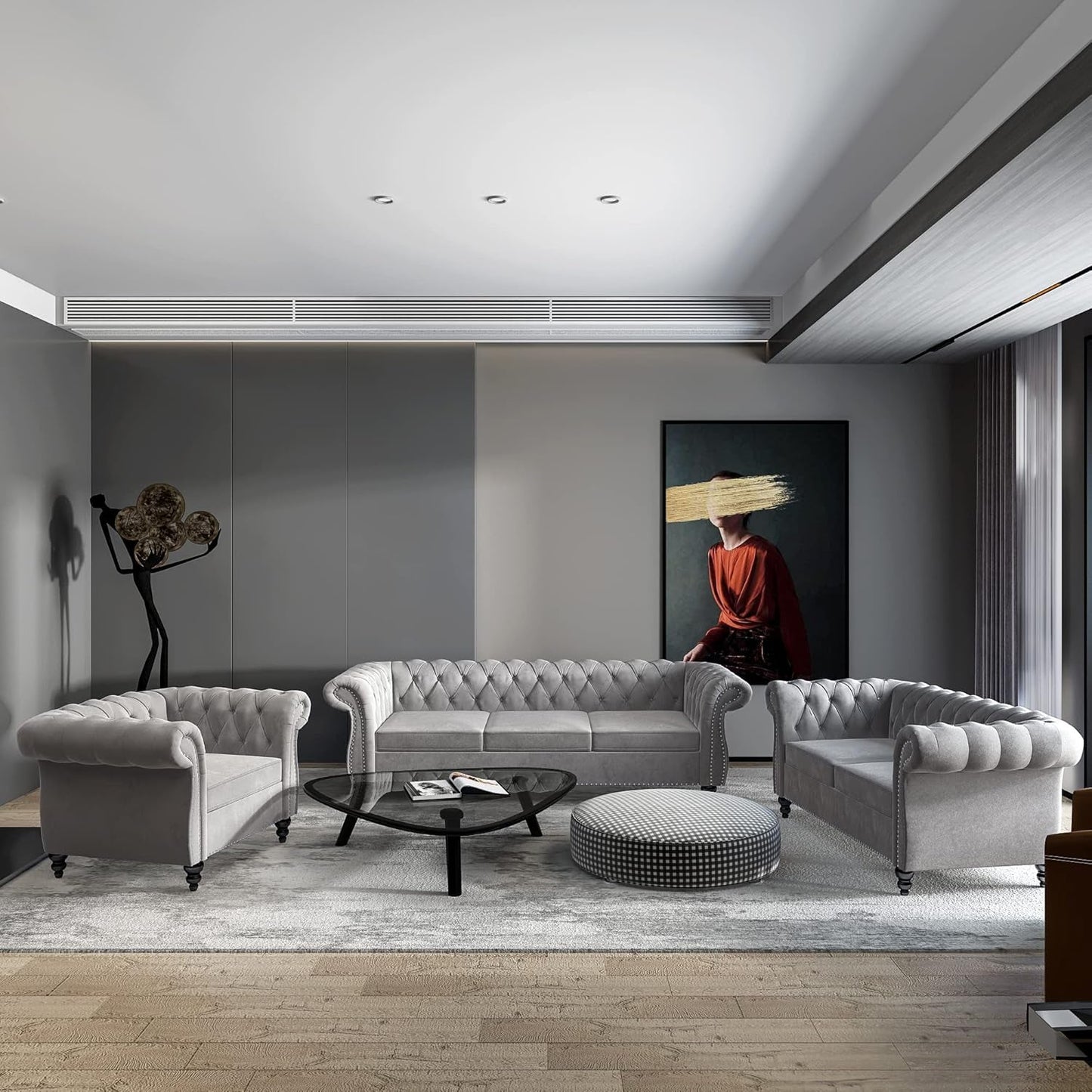 3-Piece Living Room Sectional Sofa Set, Upholstered Sofa Modern Sofa Couches Set Style Button Tufted, Velvet Chesterfield Sofa for Living Room Apartment, 1+2+3 Seat Grey-3