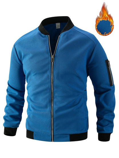 Men's Waffle Solid Color Cardigan Pocket Zipper Thickening Stand Collar Coat