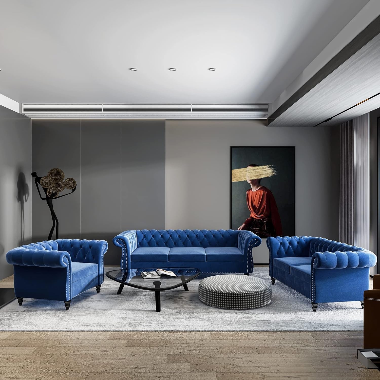 3-Piece Living Room Sectional Sofa Set, Blue Couch Upholstered Sofa Modern Sofa Couches Set Style Button Tufted, Velvet Chesterfield Sofa for Living Room Apartment, 1+2+3 Seat Blue-2