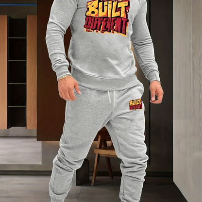 2Pcs Letter Print Outfit - Relaxed-Fit Casual Crew Neck Long Sleeve Pullover Sweatshirt and Sweatpants Set for Spring and Fall - High-Quality Mens Clothing for Everyday Wear