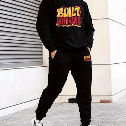 2Pcs Letter Print Outfit - Relaxed-Fit Casual Crew Neck Long Sleeve Pullover Sweatshirt and Sweatpants Set for Spring and Fall - High-Quality Mens Clothing for Everyday Wear
