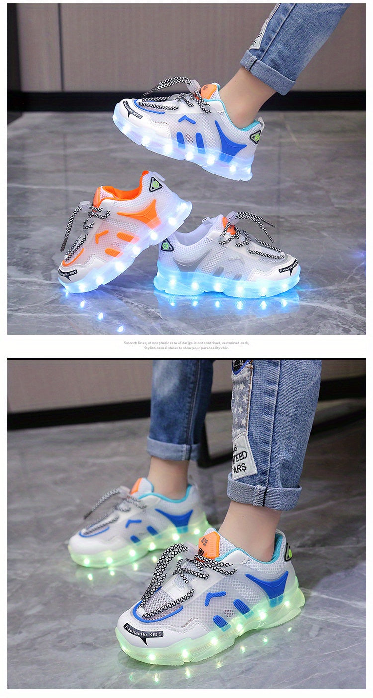 GUANGLAN Kids Light-Up Sneakers - Breathable Mesh Sneakers with LED Lights, Orange & White, Lace-Up Closure, Lightweight & Durable for Boys & Girls, Spring/Summer Casual Shoes, Shoes for Girls, Vibrant Youngsters Footwear, St