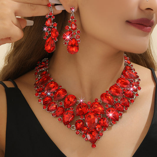 Atmospheric Red Crystal Necklace And Earrings Suite