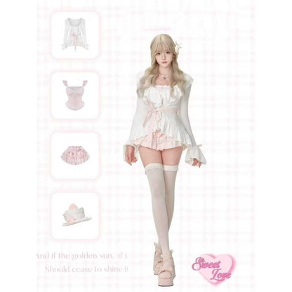 Coat Bow Suspenders Top Lace Skirt Three-piece Set