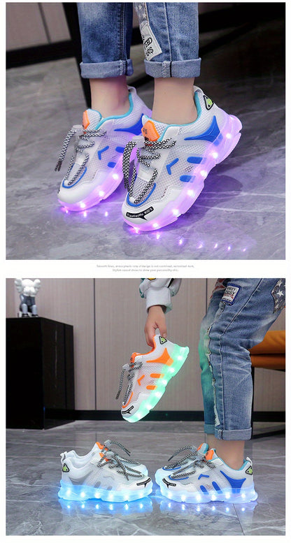 GUANGLAN Kids Light-Up Sneakers - Breathable Mesh Sneakers with LED Lights, Orange & White, Lace-Up Closure, Lightweight & Durable for Boys & Girls, Spring/Summer Casual Shoes, Shoes for Girls, Vibrant Youngsters Footwear, St