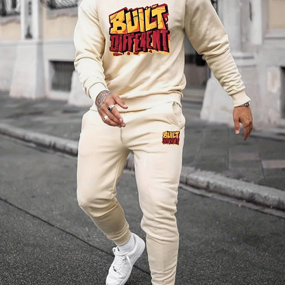 2Pcs Letter Print Outfit - Relaxed-Fit Casual Crew Neck Long Sleeve Pullover Sweatshirt and Sweatpants Set for Spring and Fall - High-Quality Mens Clothing for Everyday Wear