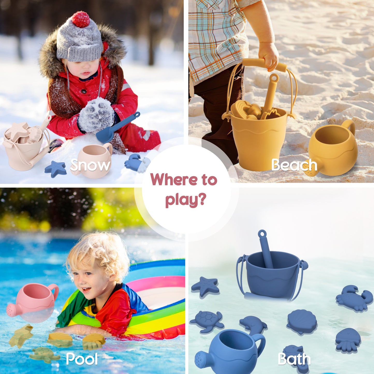 8pcs/set Beach Toy Baby Sand Bucket Set BPA Free Food Grade Silicone Safe Beach Travel Toys For Boys And Girls Summer Outdoor Toys Fun Kids Beach Sand Toy Set With Bucket 4 Colors