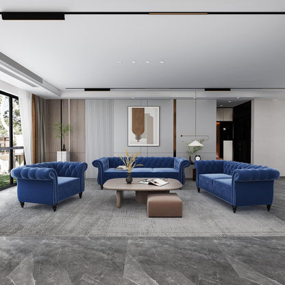 3-Piece Living Room Sectional Sofa Set, Blue Couch Upholstered Sofa Modern Sofa Couches Set Style Button Tufted, Velvet Chesterfield Sofa for Living Room Apartment, 1+2+3 Seat Blue-0