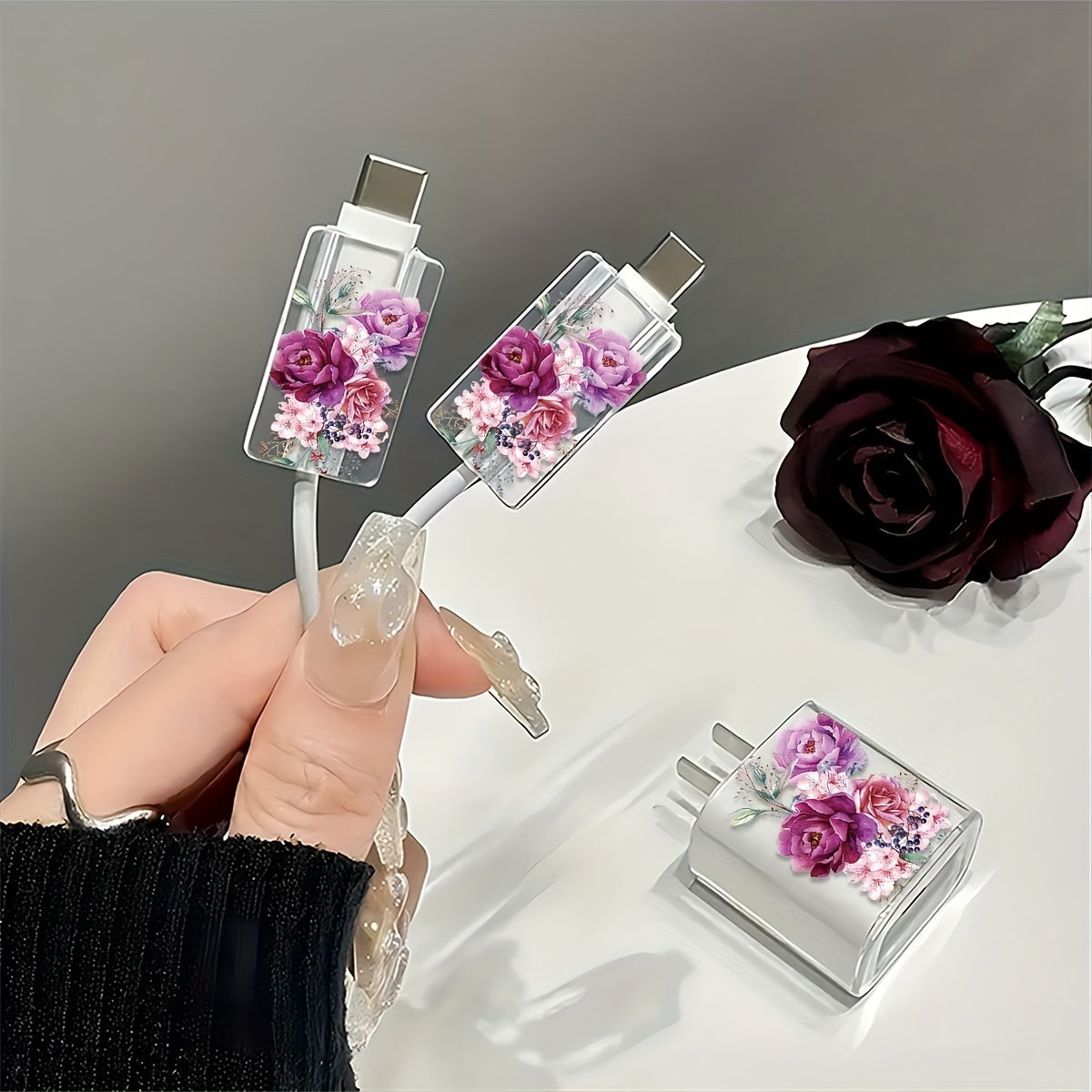 3-Piece Rose Pattern Transparent Charger Case for iPhone 13/14/15: Includes 18W/20W Charger, Cable, and Line Head Protection Covers - Perfect Gift for Tech Lovers