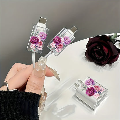 3-Piece Rose Pattern Transparent Charger Case for iPhone 13/14/15: Includes 18W/20W Charger, Cable, and Line Head Protection Covers - Perfect Gift for Tech Lovers