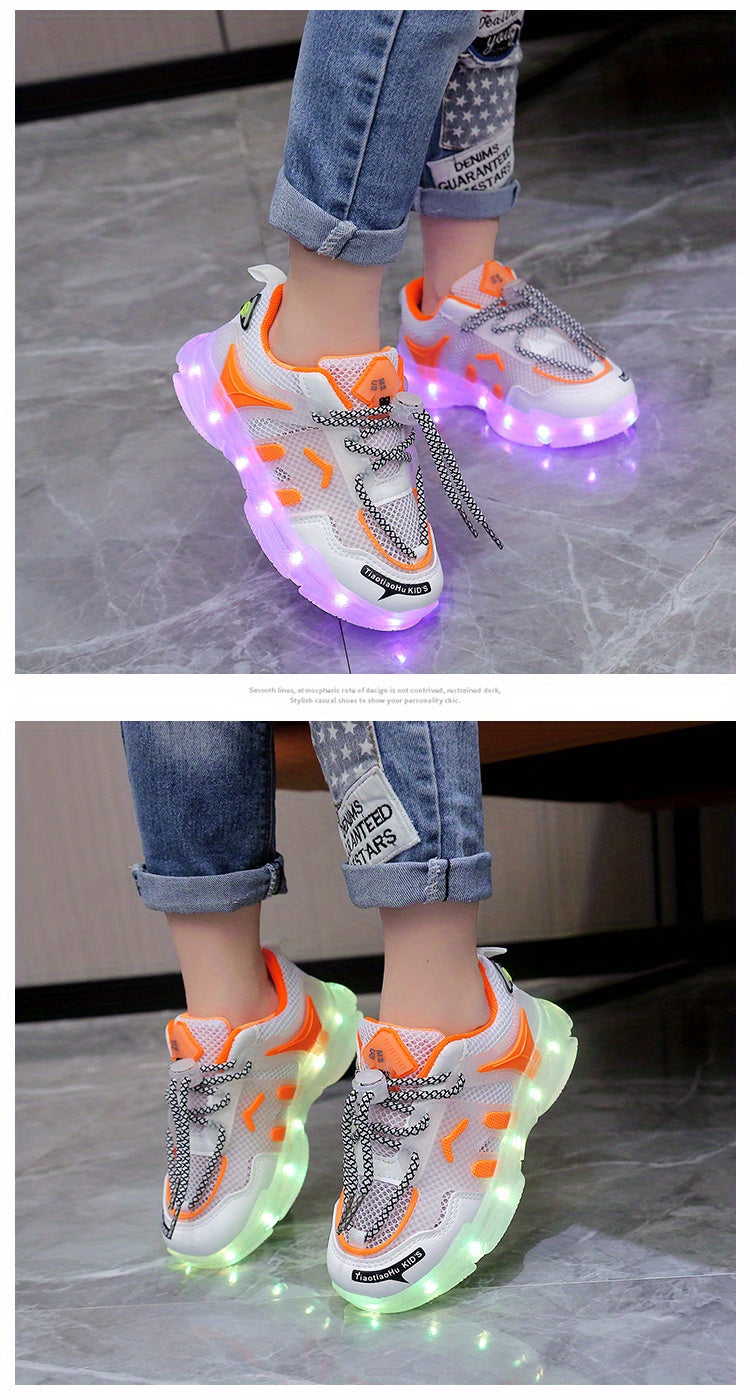 GUANGLAN Kids Light-Up Sneakers - Breathable Mesh Sneakers with LED Lights, Orange & White, Lace-Up Closure, Lightweight & Durable for Boys & Girls, Spring/Summer Casual Shoes, Shoes for Girls, Vibrant Youngsters Footwear, St