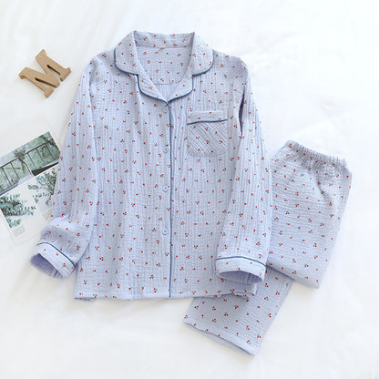 Small Cherry Double-layer Crepe Pajamas Women's Lapel Long Sleeve Trousers Suit