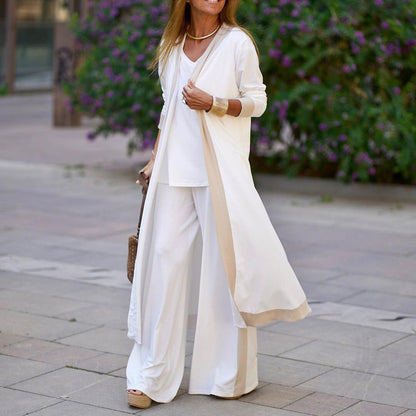 Three-piece Straight Pants Colorblock Cardigan Set