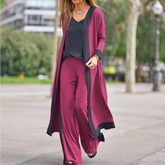 Three-piece Straight Pants Colorblock Cardigan Set
