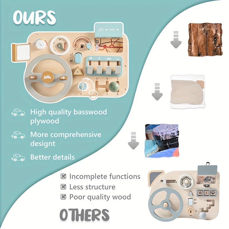 Wooden Steering Wheel Busy Board Toy - Educational Vehicle Sign Recognition, Problem Solving & Motor Skills Development for Youngsters, Light Green/Blue/Yellow, Smooth Burr-Free Plywood, Youngsters Learning Toy | Engaging Toy