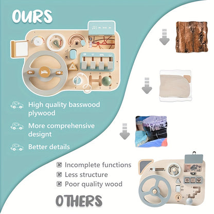 Wooden Steering Wheel Busy Board Toy - Educational Vehicle Sign Recognition, Problem Solving & Motor Skills Development for Youngsters, Light Green/Blue/Yellow, Smooth Burr-Free Plywood, Youngsters Learning Toy | Engaging Toy