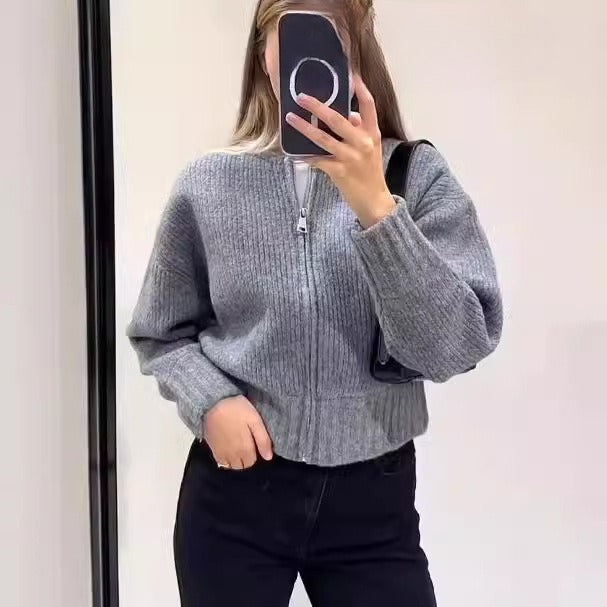 Zipper Knitted Bomber Jacket Sweater Coat