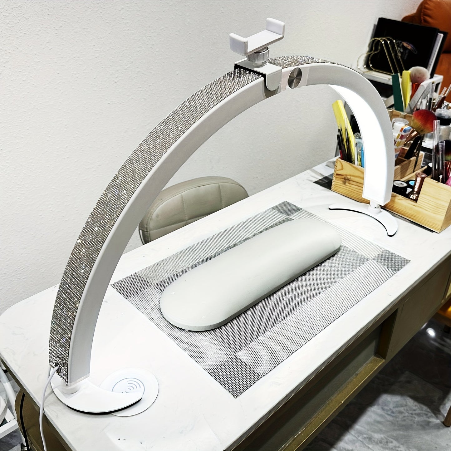 29 "Half-moon Nail Tech Light With Phone Seat, 40W Foldable, Nail Lamp With Wire Controller And Remote, 7 Color Modes, 10 Brightness For Beauty/eyelash Tattoo/crafts,, Black/white/pink