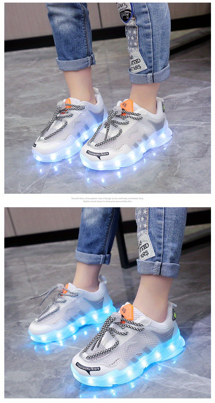 GUANGLAN Kids Light-Up Sneakers - Breathable Mesh Sneakers with LED Lights, Orange & White, Lace-Up Closure, Lightweight & Durable for Boys & Girls, Spring/Summer Casual Shoes, Shoes for Girls, Vibrant Youngsters Footwear, St