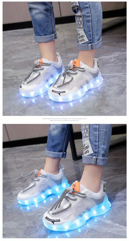 GUANGLAN Kids Light-Up Sneakers - Breathable Mesh Sneakers with LED Lights, Orange & White, Lace-Up Closure, Lightweight & Durable for Boys & Girls, Spring/Summer Casual Shoes, Shoes for Girls, Vibrant Youngsters Footwear, St