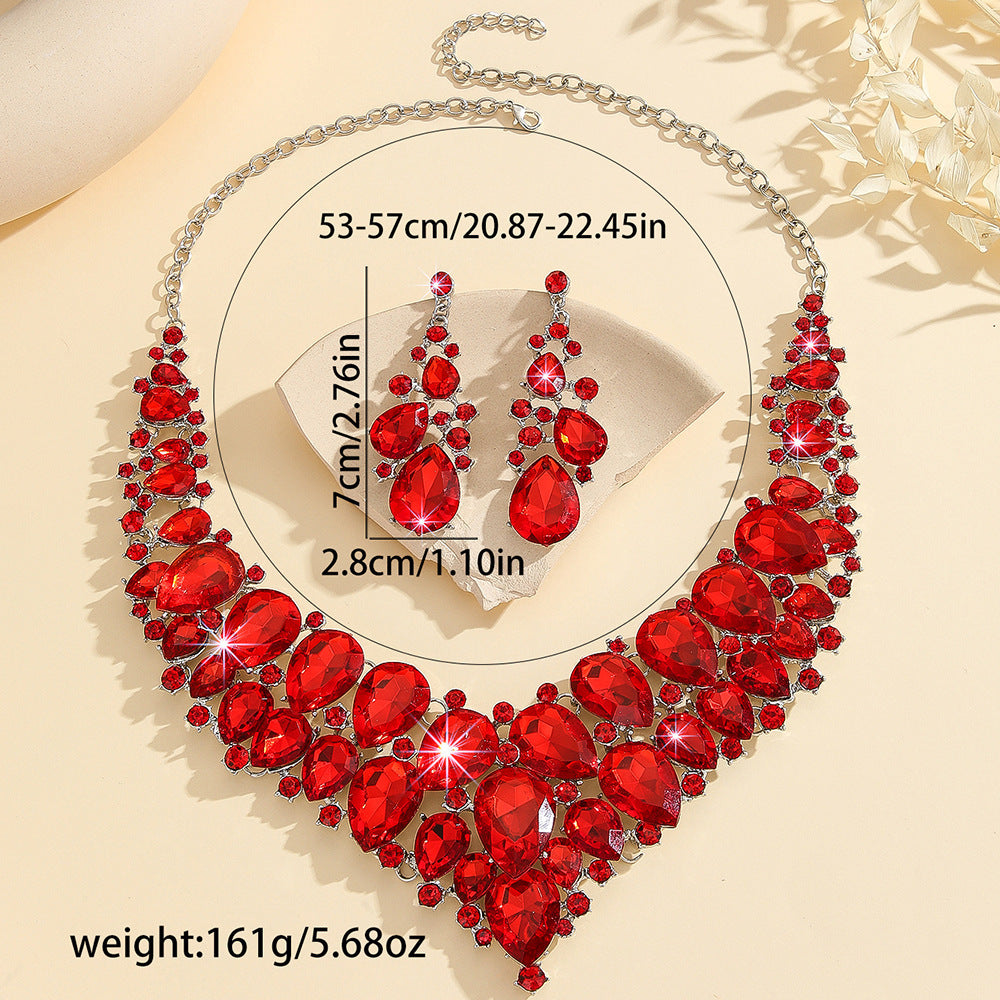 Atmospheric Red Crystal Necklace And Earrings Suite