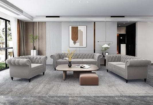 3-Piece Living Room Sectional Sofa Set, Upholstered Sofa Modern Sofa Couches Set Style Button Tufted, Velvet Chesterfield Sofa for Living Room Apartment, 1+2+3 Seat Grey-0