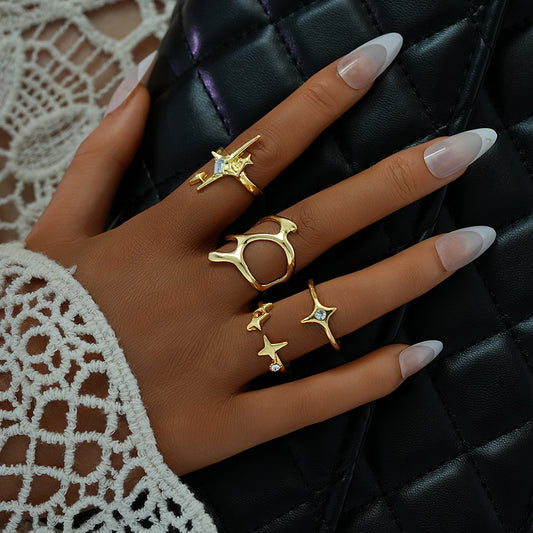 Geometric Metal Lava Line Four-piece Ring Set