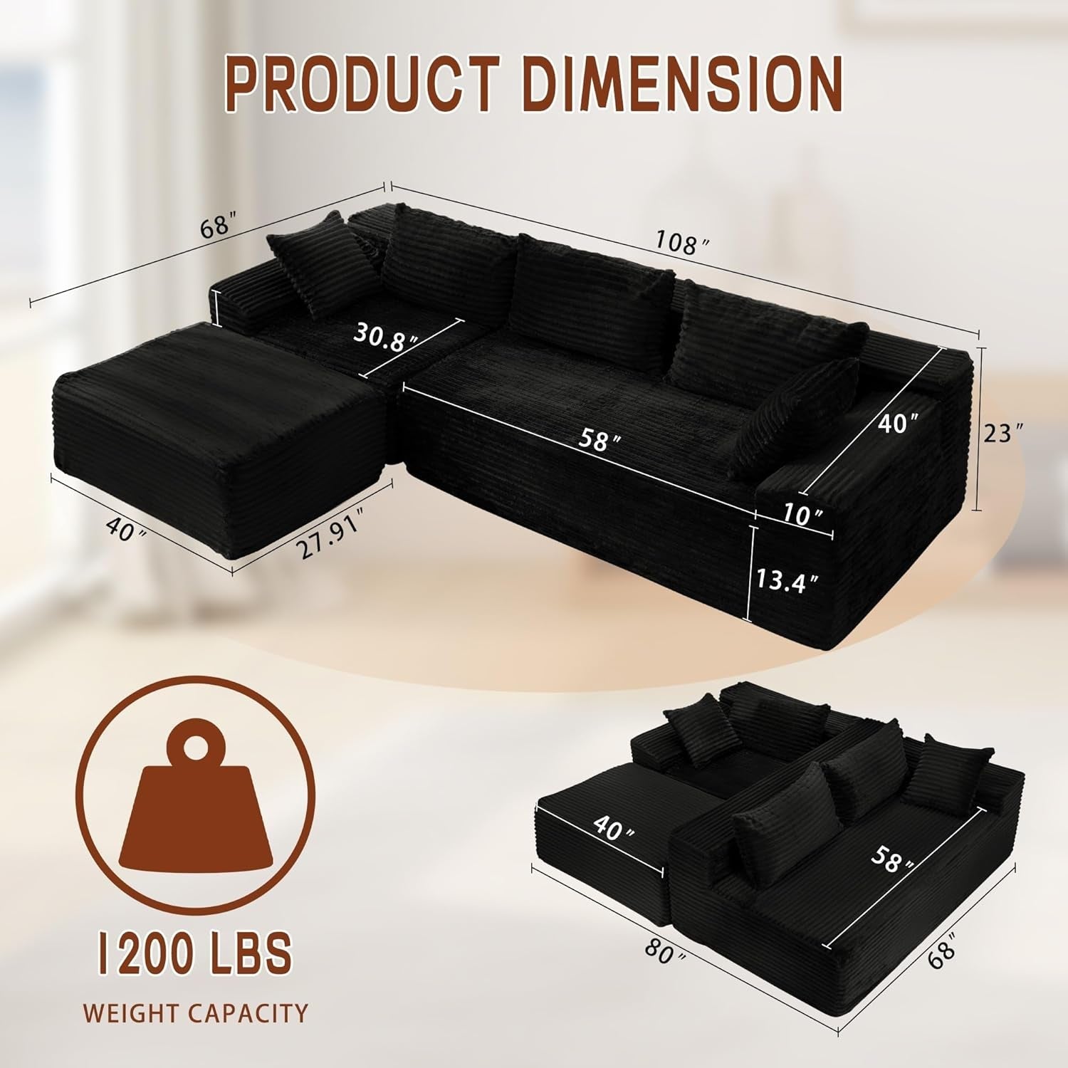 108" Sectional Couches for Living Room, Modular Sectional Sofa with L-Shape Chaise, Cloud Couch, Comfy Corduroy Fluffy Couch with Deep Seat and Side Pockets, No Assembly Required-1