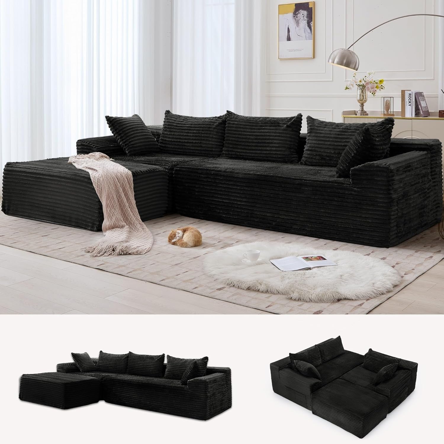 108" Sectional Couches for Living Room, Modular Sectional Sofa with L-Shape Chaise, Cloud Couch, Comfy Corduroy Fluffy Couch with Deep Seat and Side Pockets, No Assembly Required-0