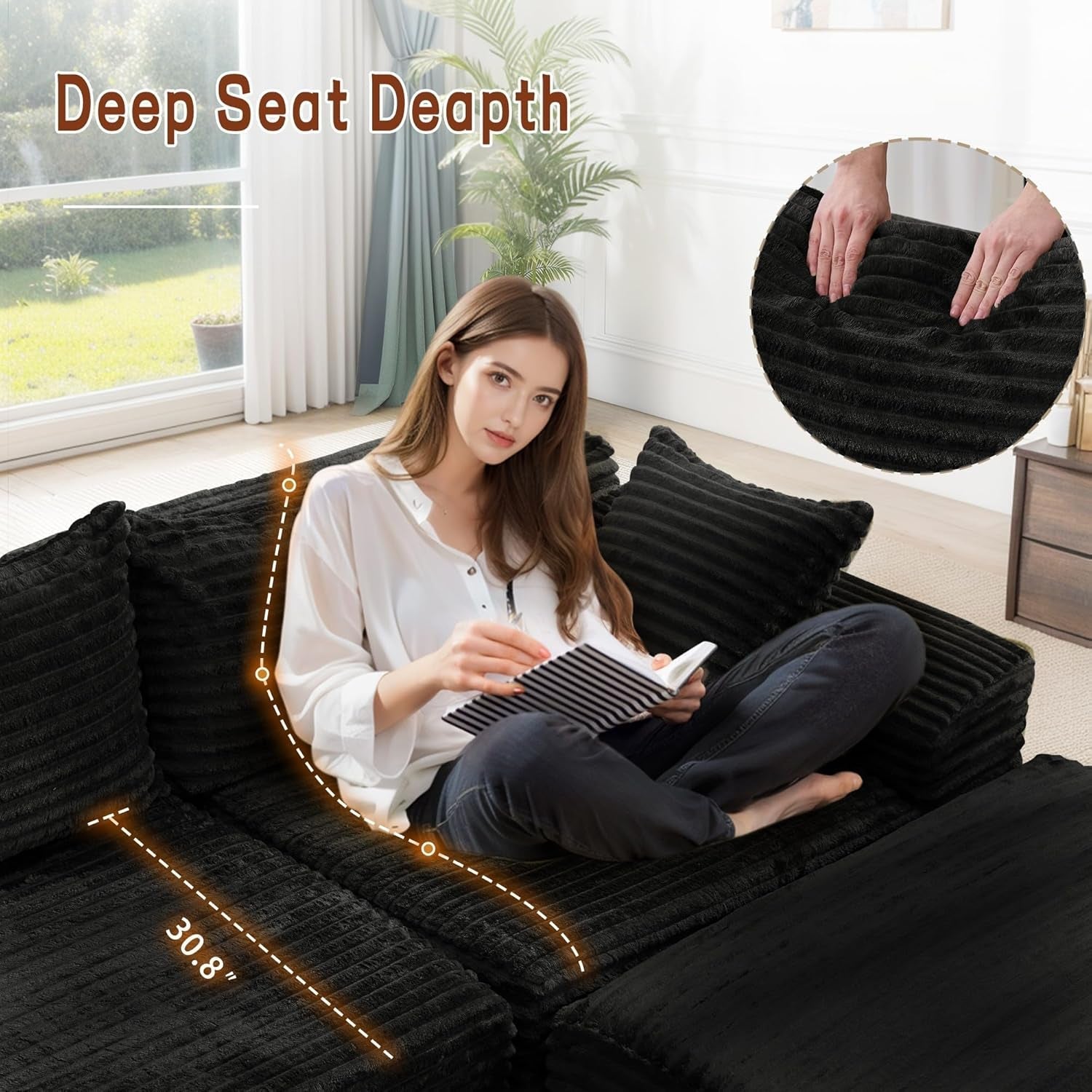 108" Sectional Couches for Living Room, Modular Sectional Sofa with L-Shape Chaise, Cloud Couch, Comfy Corduroy Fluffy Couch with Deep Seat and Side Pockets, No Assembly Required-3