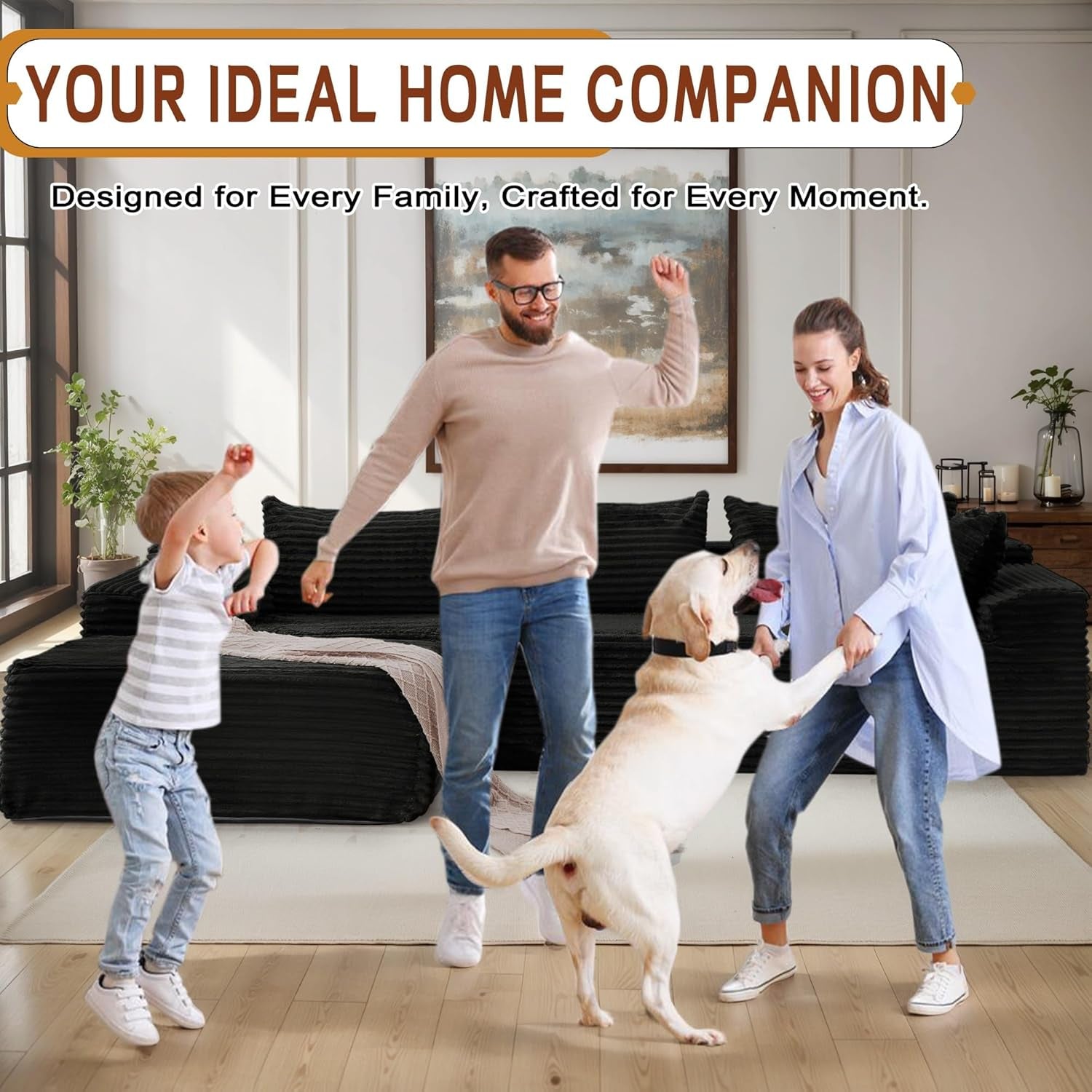 108" Sectional Couches for Living Room, Modular Sectional Sofa with L-Shape Chaise, Cloud Couch, Comfy Corduroy Fluffy Couch with Deep Seat and Side Pockets, No Assembly Required-4